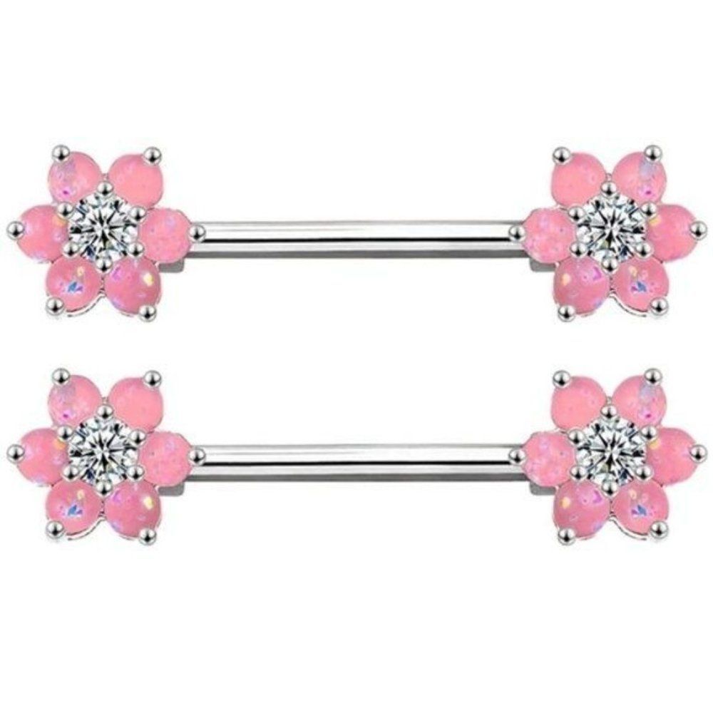 14G Pink Opal Flower and Cubic Zirconia Nipple Rings - Set of 2
